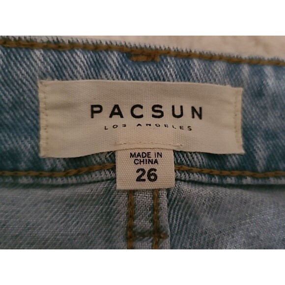 PACSUN Colorblock Denim Jean Mini Skirt Size 26 Blue White Patch Work Frayed Hem - Picture 5 of 8